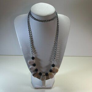 Handmade necklace, pink opal stone nuggets, black volcanic stones, chain